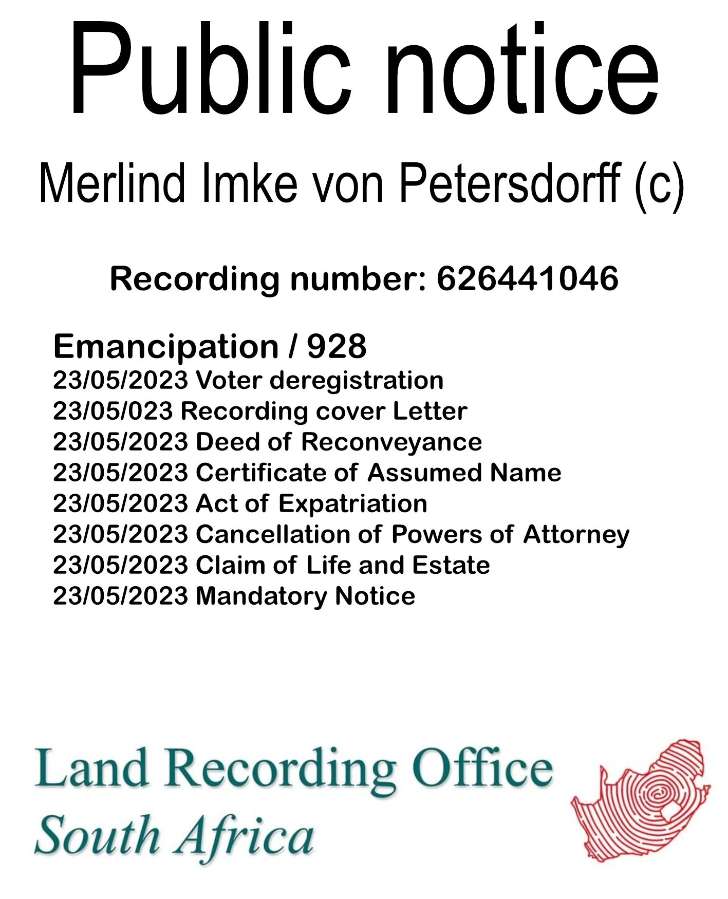 Public notice Merlind Imke von Petersdorff (c) Recording number 626441046